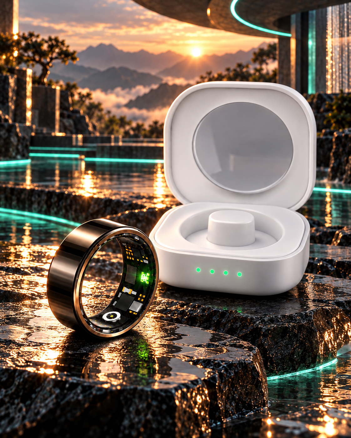 RYUMEN ONE y estuche de carga en un entorno futurista